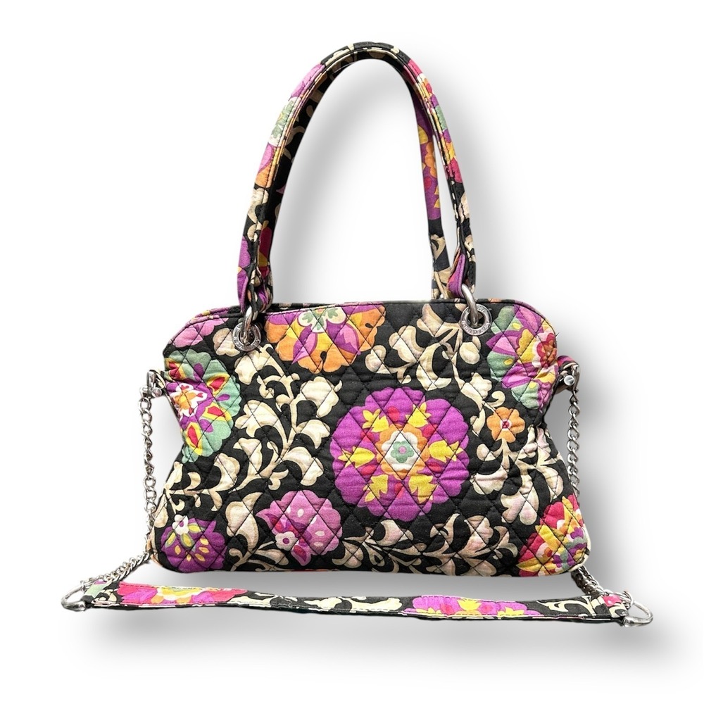 Vera Bradley Suzani Black Tan Floral Quilted Shoulder Bag Chain Strap Boho Retro